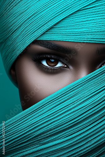 A striking close-up portrait of a woman wrapped in a textured turquoise fabric, with bold matching makeup on her lips and eyes, creating a futuristic and artistic visual impact