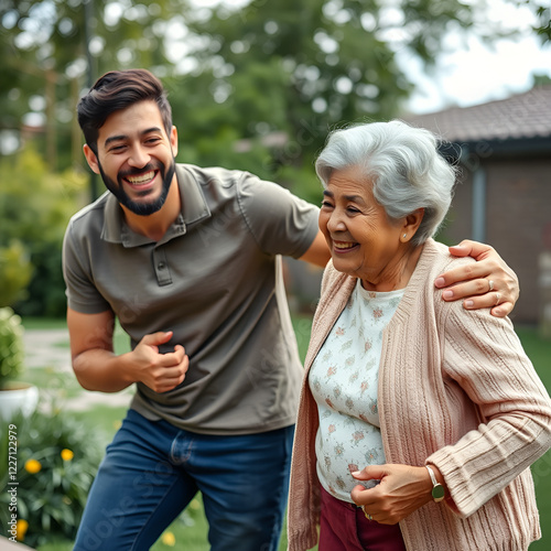 Supportive man. Exuberant young man smiling and helping an old woman while she standing up photo