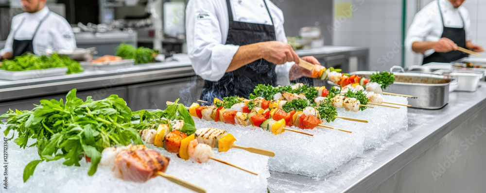 Obraz premium Foodie workshops, Professional cooks preparing fresh ingredients restaurant kitchen