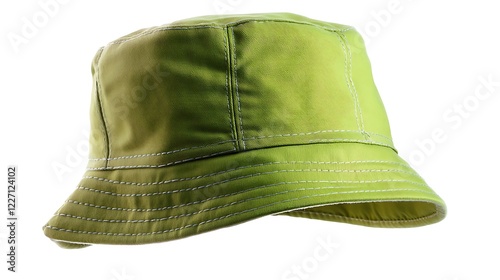 Bright lime green cotton bucket hat with sleek stitching and bold style, isolated background
