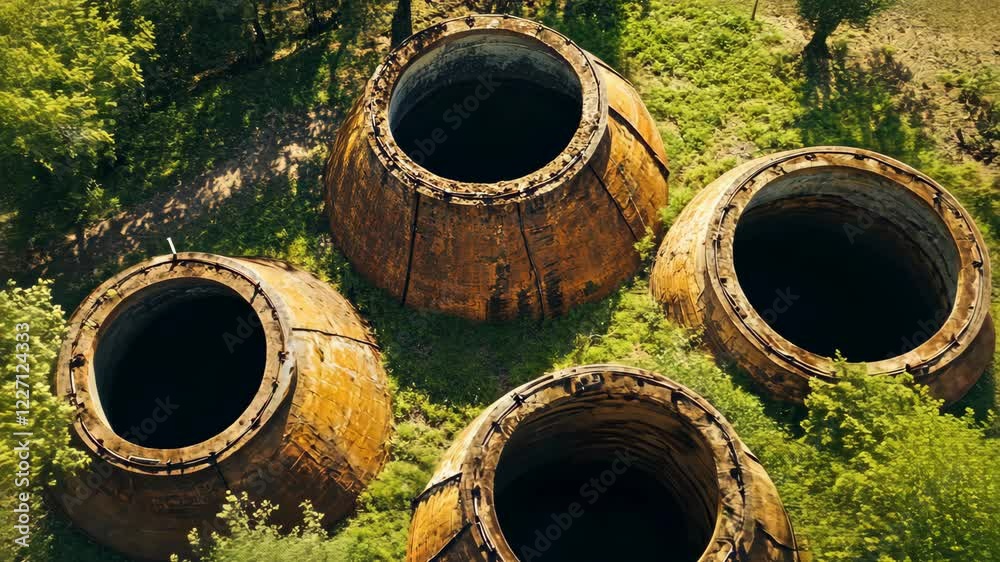 Rusty industrial structures hidden among lush vegetation in a natural setting evoke a sense of history and decay Rusty industrial structures hidden among lush vegetation in a natural setting evoke a sense of history and decay