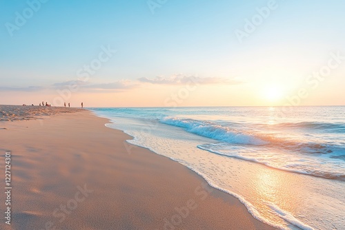 golden hour on serene beach with calm waves and soft sand underfoot