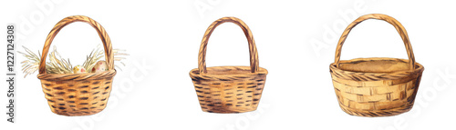 Stock Images of Hand. Painted Watercolor Brown Wicker Easter Baskets. Isolated on a Transparent Background. Cutout PNG.