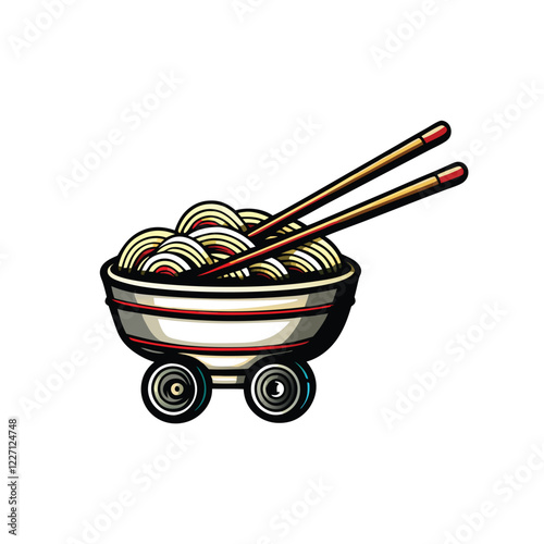 Design a logo a stylized bowl with chopsticks atop wheels, conveying fast and efficient Asian food delivery.
