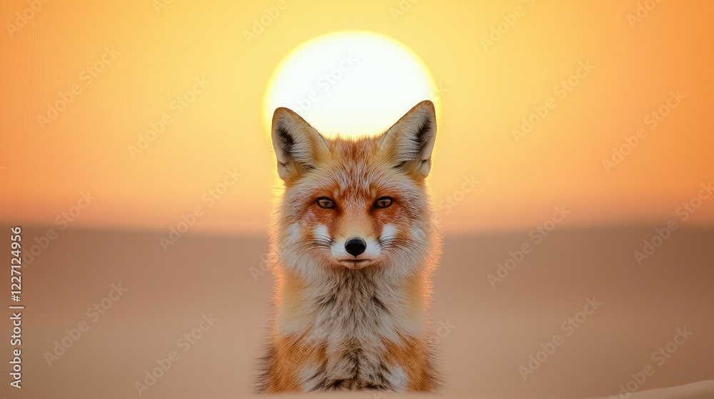 Fototapeta premium A majestic fox stands against a vibrant sunset, showcasing its striking fur and captivating gaze, embodying the beauty of nature.