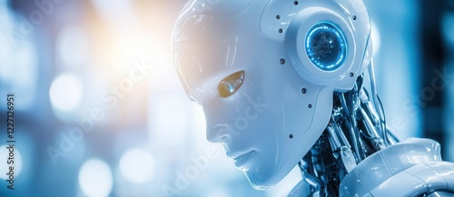 Close-up of a white humanoid robot looking at the camera, standing in a futuristic office with blue lights and shadows on the walls, The background is blurred, and the detailed texture