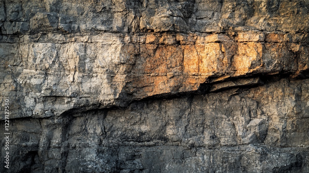 Sunlit cliff face texture, rugged mountain backdrop, geological detail Sunlit cliff face texture, rugged mountain backdrop, geological detail