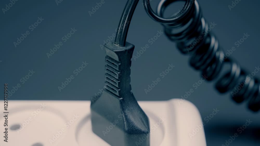 Black twisted electrical cable with a plug that is inserted into a white extension cord socket on a black background. Closeup. Macro. Shallow depth of field. Shot in motion