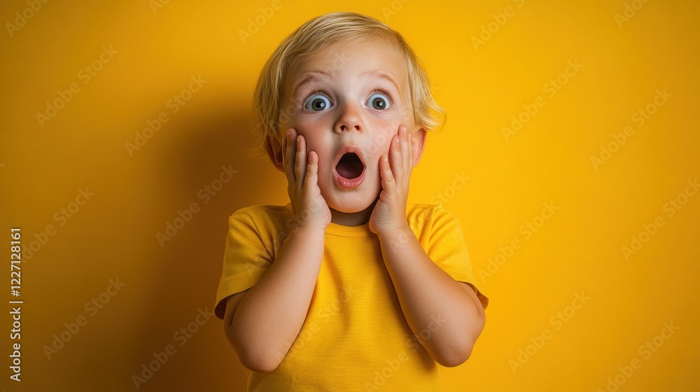Surprised Child with Hands on Face Against Yellow Background Surprised Child with Hands on Face Against Yellow Background