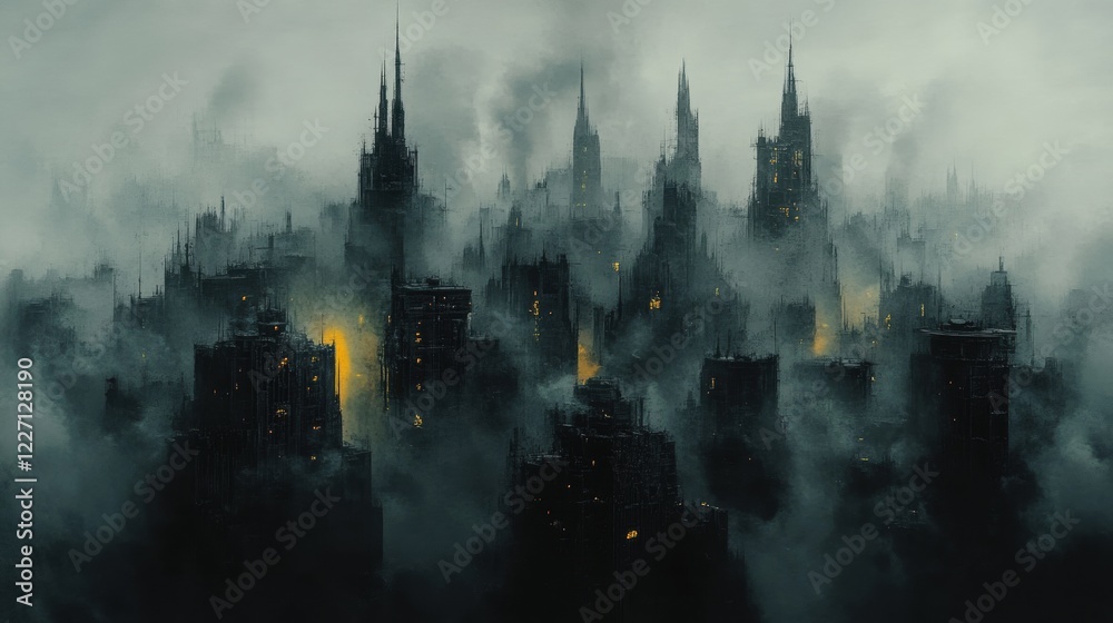 Fototapeta premium A Fog Shrouded City Of Gothic Architecture