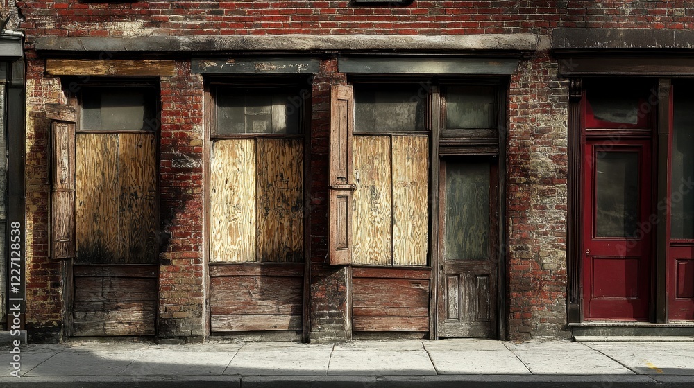 Weathered Brick Wall with Boarded Windows and Doors in Urban Setting Weathered Brick Wall with Boarded Windows and Doors in Urban Setting