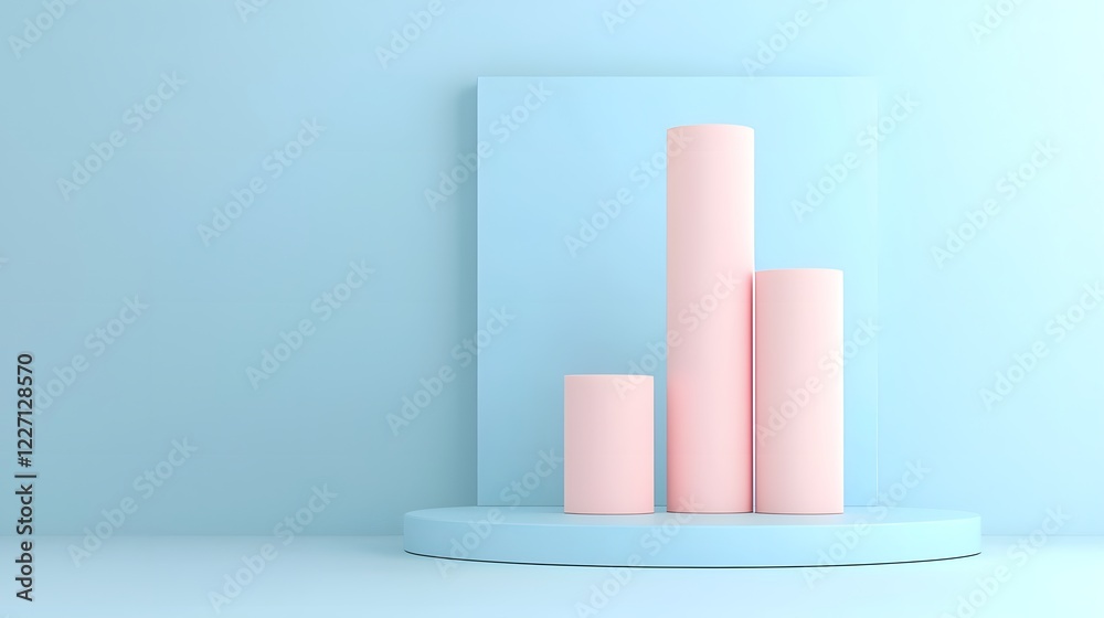 Visually striking yet simple 3D bar graph representation using cylindrical elements placed on a gradient blue background with elegant lighting and a sleek minimalistic theme Visually striking yet simple 3D bar graph representation using cylindrical elements placed on a gradient blue background with elegant lighting and a sleek minimalistic theme