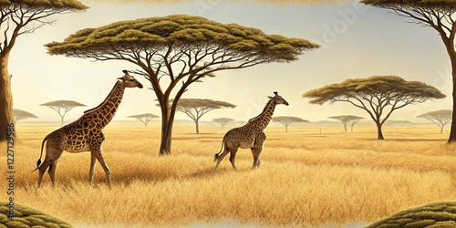 group of giraffes gracefully standing in the vast african savannah, enjoying the warm golden sunlight amidst scattered umbrella trees.