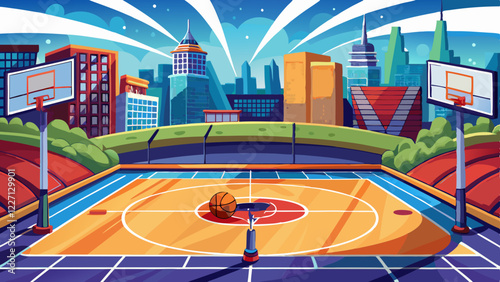 Outdoor basketball court with a ball in the center, surrounded by vibrant city buildings, green bushes, and a clear blue sky with dynamic light beams