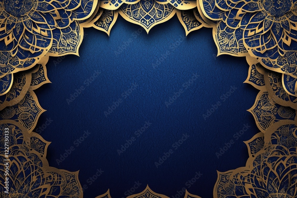 Craft an elegant background with intricate golden mandala patterns on a navy blue canvas, perfect for Ramadan and Islamic themes
