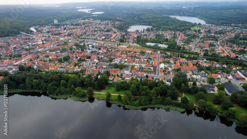 An aerial wide view of the old town of the city Silkeborg on a cloudy summer day in Denmark photo