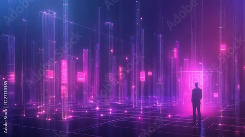A Silhouette Stands Before a Neon Digital Cityscape