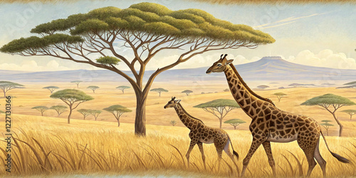 peaceful wildlife scene featuring giraffes grazing in the african savannah, with a golden sky and acacia trees completing the picturesque landscape.