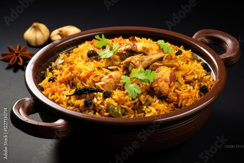 Kerala style chicken biryani on white ceramic table ware with white background photo