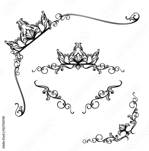 fairy tale princess crown black and white vector calligraphic page decor set - frame corners and vignette for fantasy royal design