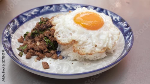 Stir-fried Thai holy basil with minced pork with rice and fried egg.