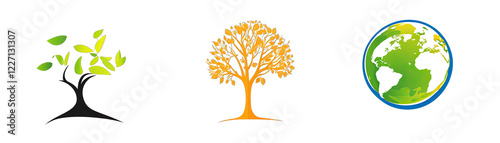 Diverse Colored Earth Day Icons. Globe Tree and Earth Energies Suitable for Rallies.. Isolated on a Transparent Background. Cutout PNG.