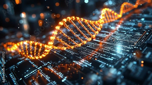 3D representation of a DNA helix overlaid on a vibrant technological background
