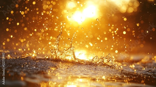 Golden water splash in front of a bright sun creating glowing bokeh with reflections on water surface