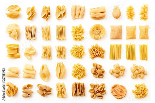 Large assortment of Italian pasta portions on white background