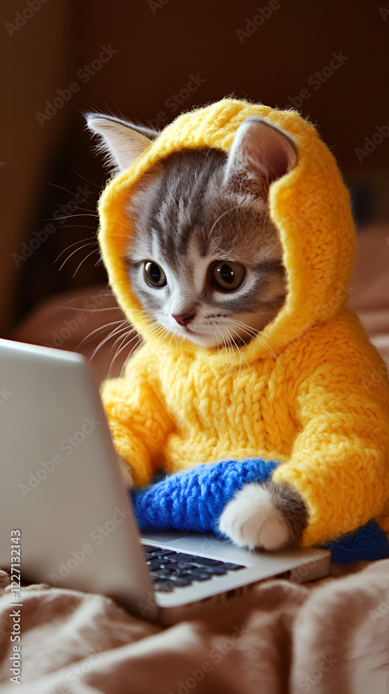 Fototapeta premium a kitten in yellow and blue clothes, sitting and working at a laptop