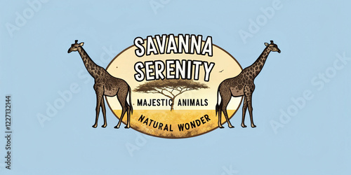stylish logo featuring two giraffes standing on either side of a wooden sign that reads savanna serenity, representing a rustic and elegant brand with a touch of african wildlife inspiration