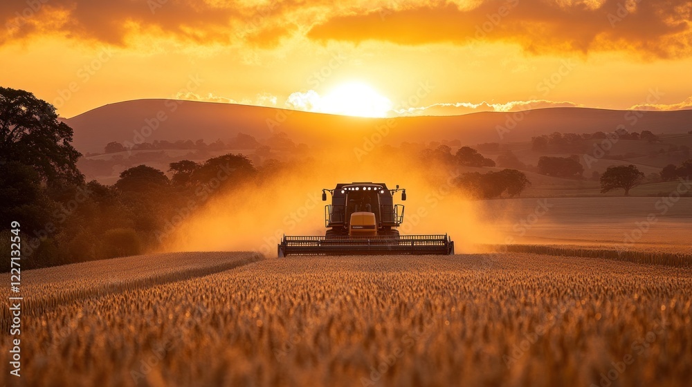 Fototapeta premium Combine harvester harvesting wheat at sunset. (1)