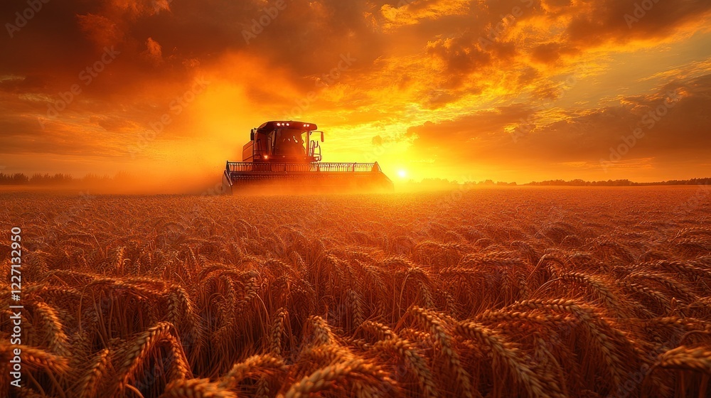 Fototapeta premium Combine harvester harvesting wheat at sunset.