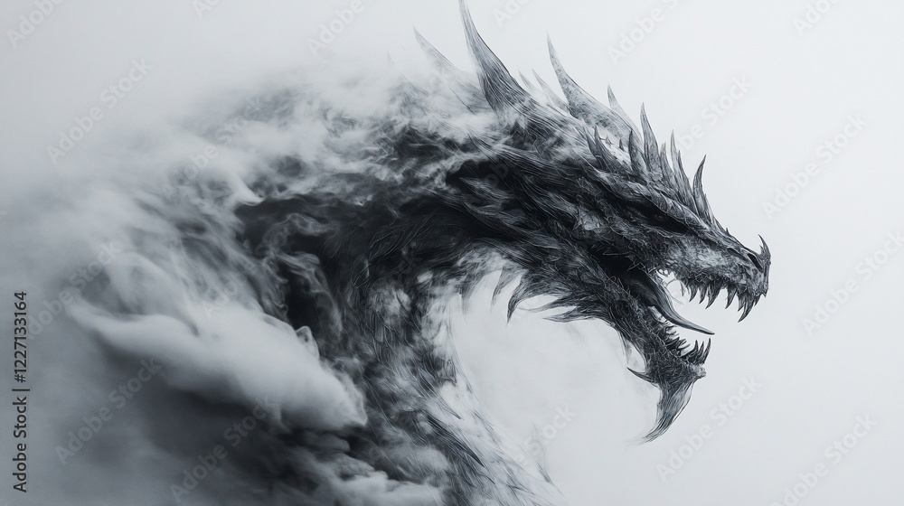 Fototapeta premium Majestic dragon emerges from smoky mountain peak; fantasy game art