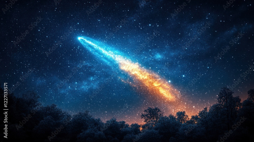 Comet streaking across night sky over trees. Comet streaking across night sky over trees.