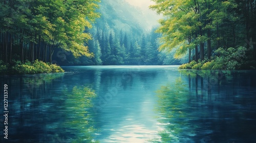 Serene Forest Lake Landscape with Reflective Waters and Lush Green Trees in an Impressionistic Style