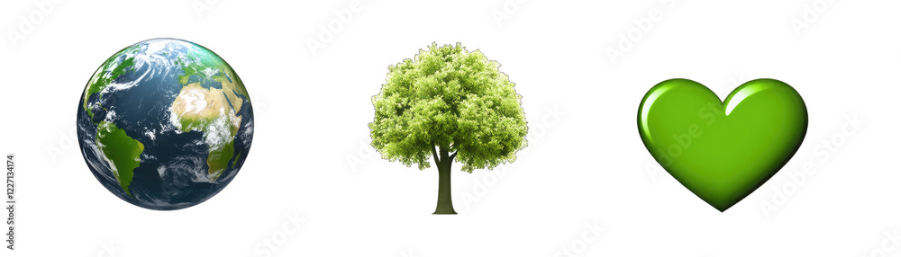 Fototapeta premium Earth Day Symbols. a Vibrant Globe Icon a Tree Sign a Green Heart Symbol for Rallies All White.. Isolated on a Transparent Background. Cutout PNG.