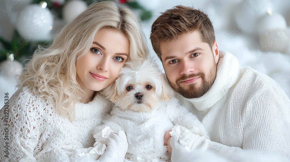 Couple and dog pose for Christmas photo, white sweaters, festive background Couple and dog pose for Christmas photo, white sweaters, festive background