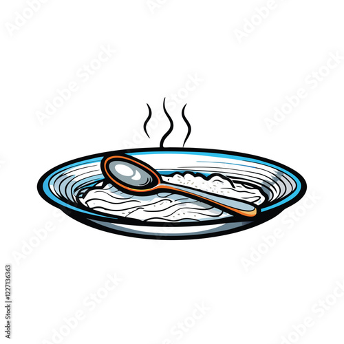 An abstract, painterly depiction of a plate, spoon, and a meandering trail of suggestive, spilled sugary substance.  Focus on texture and color interplay.