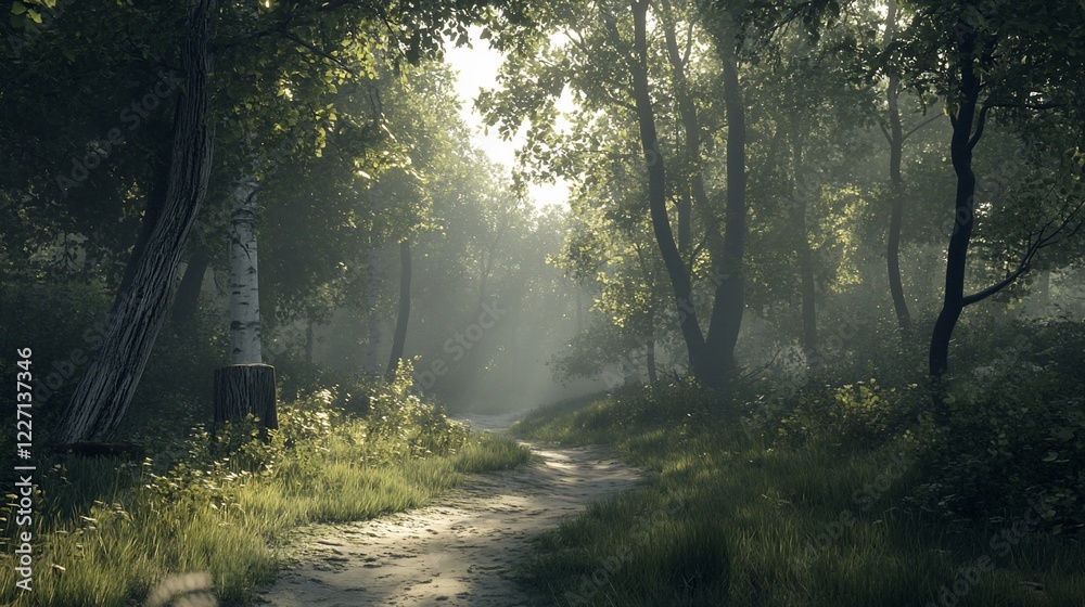 Obraz premium Sunlit forest path, misty morning, tranquil woods, nature background, idyllic scene