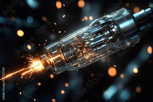 Complex mechanism inside transparent casing emitting bright energy beam, generating sparks and suggesting advanced technology, power, and innovation