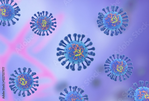 3D rendered illustration of Human metapneumovirus (HMPV), a respiratory virus affecting humans, shown in a detailed microscopic view with blue and purple tones.  . photo