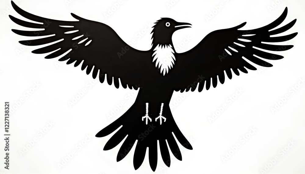 Obraz premium Black bird silhouette with spread wings on a white background for artistic and design concepts, copy space