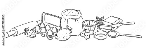 Background with bakery utensils. Cooking tools for home and recipe items.