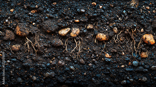 Plant roots growing in dark soil with small stones, ideal for gardening or agriculture content