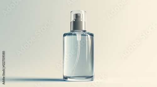 Design a 3D mockup of a calming face mist bottle with a simple, elegant design. The bottle should be clear with a smooth finish
