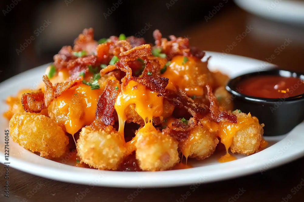Crispy loaded tater tots topped with melted cheese, bacon bits, and fresh herbs served with ketchup Crispy loaded tater tots topped with melted cheese, bacon bits, and fresh herbs served with ketchup