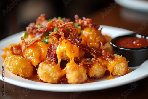 Crispy loaded tater tots topped with melted cheese, bacon bits, and fresh herbs served with ketchup
