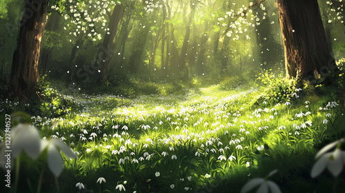 Bright green clearing in a sunlit forest surrounded by blooming flowers and tall trees during a peaceful spring morning. Generative AI