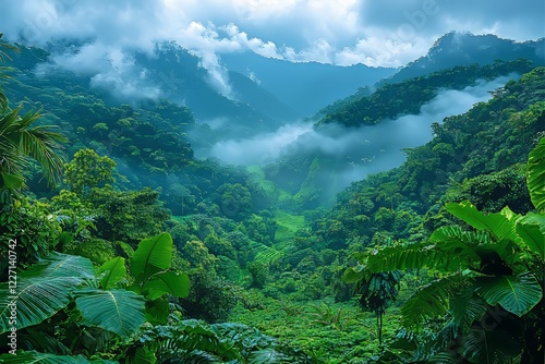 In the dense jungles of Ghana, rain squalls pour over a mountain side